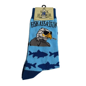 Sock Harbor Novelty Crew Socks Fish Assassin Bald Eagle Blue Fits Unisex SZ 6-12
